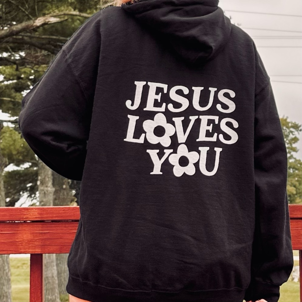 NWOT Jesus Loves You Christian Hoodie Sweatshirt Oversized Neutral Black White L